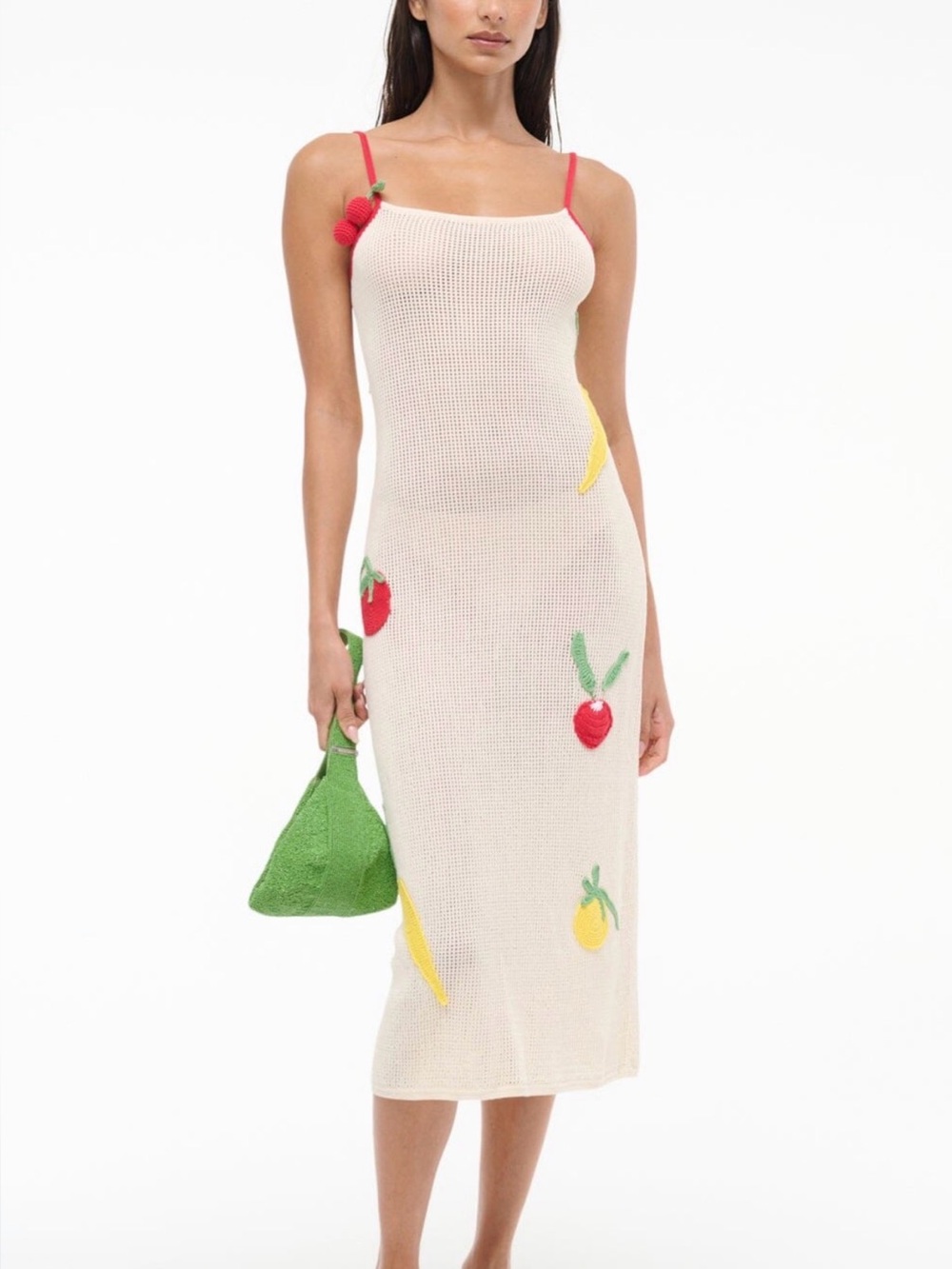 Staud Adeline Crochet Cotton Fruit Appliqué Midi Dress Size Large